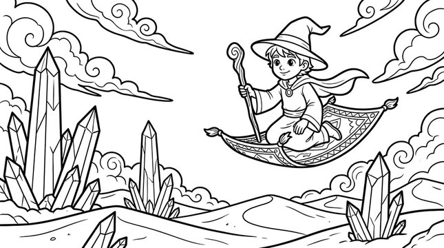 Coloring page for children featuring a young wizard boy flying on a magic carpet over a desert landscape with large sharp crystals and clouds