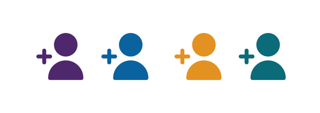 Four Colorful Add User Icons Set, Purple Blue Orange and Teal Person Plus Symbols for Account Creation, Registration, Team and User Management