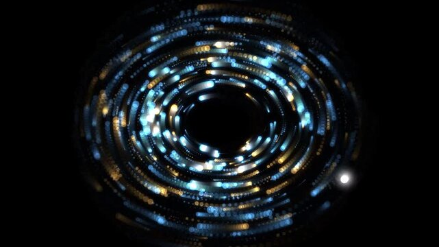 Abstract digital vortex of glowing blue and gold particles rotating in a dark space background