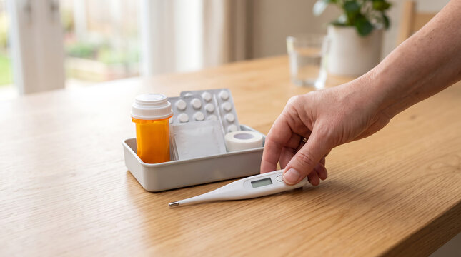 Person holding a digital thermometer near a tray of medical supplies