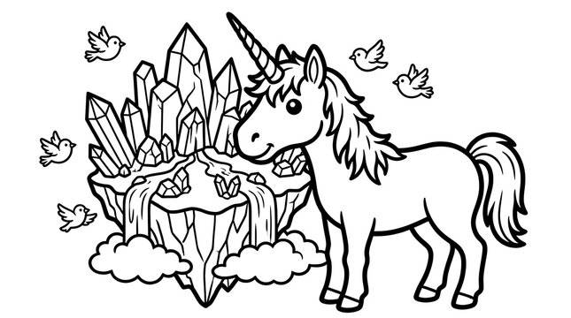 Cute unicorn standing next to a floating island with crystals and a waterfall, surrounded by birds in this black and white coloring page
