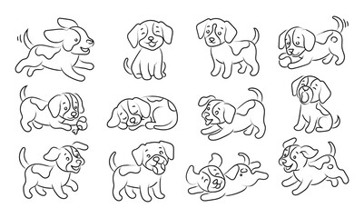 Fototapeta premium Hand Drawn Cute Puppy and Dog Illustration Set, Playful Cartoon Pet Characters in Different Poses, Black and White Line Art for Coloring