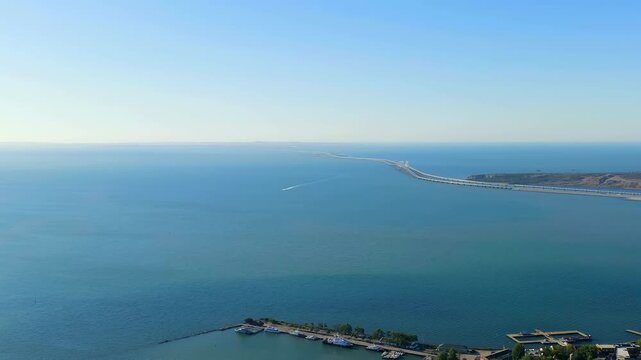 Kerch, Crimea. View of the new Crimean bridge. Clear weather. Drone footage