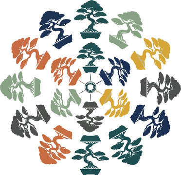 Bonsai tree mandala with diverse styles and subdued colors symbolizing growth and harmony in a flat design