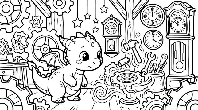 Detailed coloring page of a baby dragon in a clockmaker workshop surrounded by large mechanical gears, pendulum clocks, and hand tools