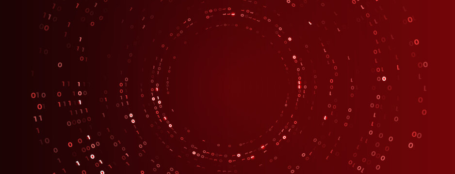 Red binary digits forming concentric circular streams around an open center. Abstract data processing and computing background with glowing zeros and ones, layered depth and a dark gradient. Vector