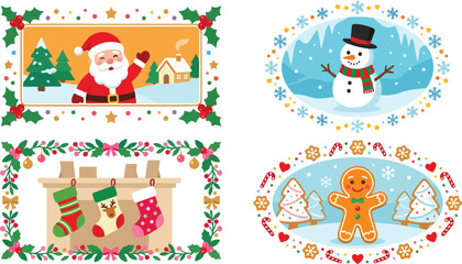 Fototapeta premium Set of four decorative christmas frames featuring santa claus snowman fireplace and a cute gingerbread man