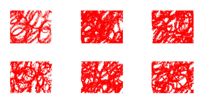 Abstract red grunge texture collection featuring six rectangular panels with energetic brush strokes, rough ink marks, scribbled lines, and distressed artistic patterns on a white background. 