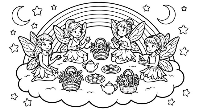Four cute fairies having a tea party on a fluffy cloud under a rainbow, surrounded by baskets of flowers, stars, and a crescent moon, line