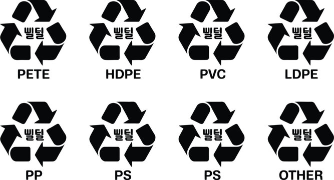 South Korean Plastic Recycling Code Symbols 01-07 Vector Illustration Featuring PETE  PVC PP PS and OTHER Materials
