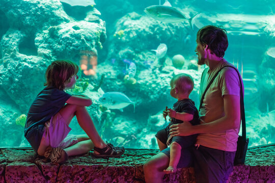 Father with two sons watching underwater world at large aquarium window, family bonding, marine life education and travel with kids concept