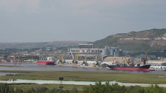 Industrial port with moored cargo ships and cranes