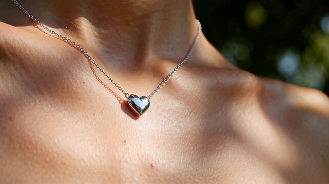Close Up of Woman Wearing Elegant Heart Pendant Necklace in Sunlight