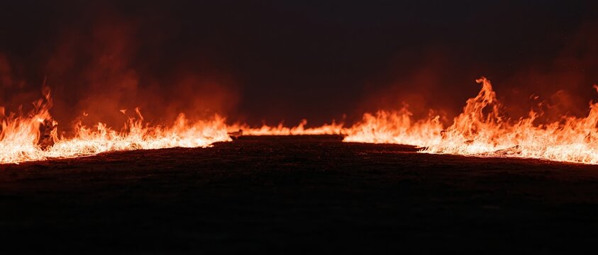 Low flames burning along a dark ground surface at night