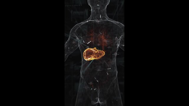 Human Liver Anatomy Animation with Glowing Color Highlight, Detailed Liver Structure and Digestive System Medical Visualization, Vertical Full HD
