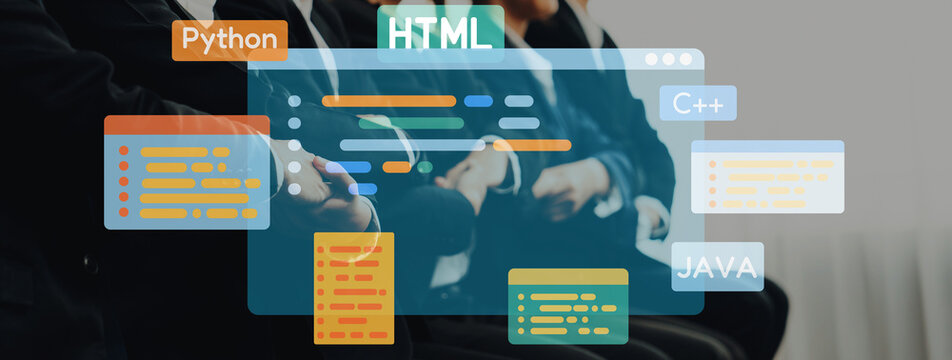 An engaging visual representation of modern programming languages features coding syntax and colorful interface elements, perfect for tech education and professional workshops. Trope