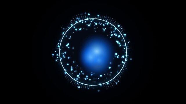 Abstract blue glowing circular equalizer or digital sound wave visualization on black background