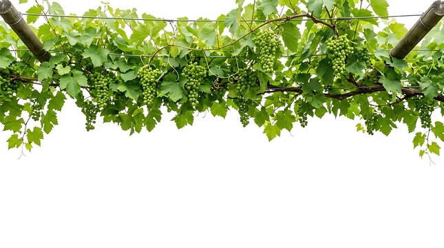 Green grapevine branches with unripe clusters hanging against bright white background during summer daylight