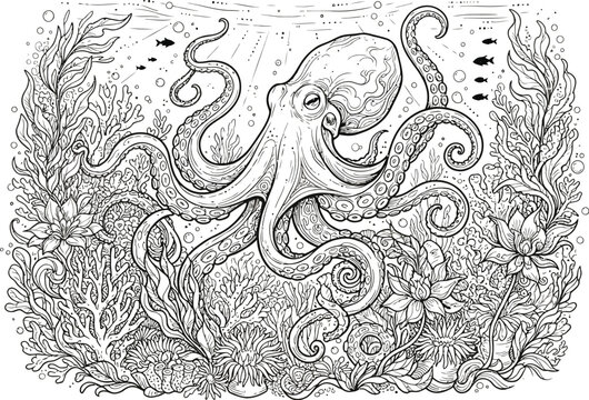 octopus underwater line art illustration