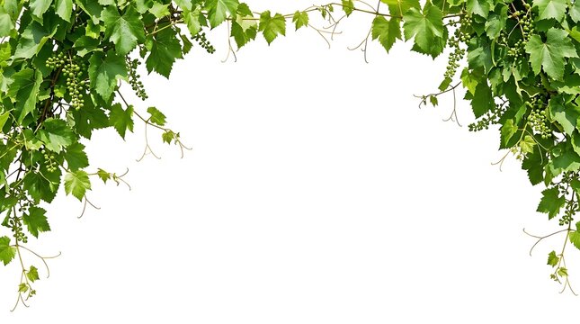 Green grapevines with small unripe berries against a bright white background in summer