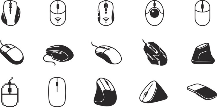 Computer Mouse Icons Collection Featuring Wired Wireless and Ergonomic Models