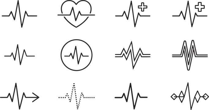 Medical Heartbeat and EKG Pulse Line Icons Set