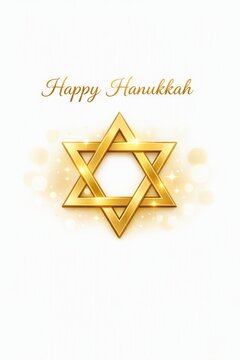 Elegant golden star of david happy hanukkah greeting on white background for holiday card and festive poster design