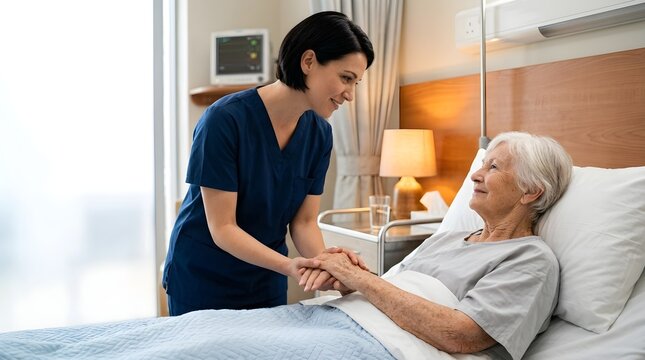 Caring Nurse Assists Elderly Woman in Hospital Bed