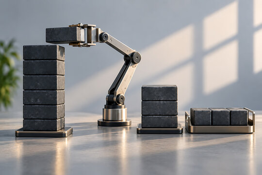 Mechanical robotic arm assembling stacks of dark stone blocks with automation industry manufacturing process industrial robot assembly line smart factory technology concept automation industry