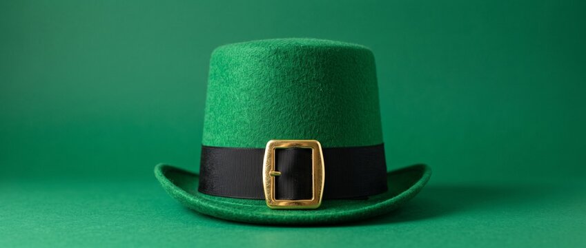 Green leprechaun hat with black band and gold buckle on a green background  