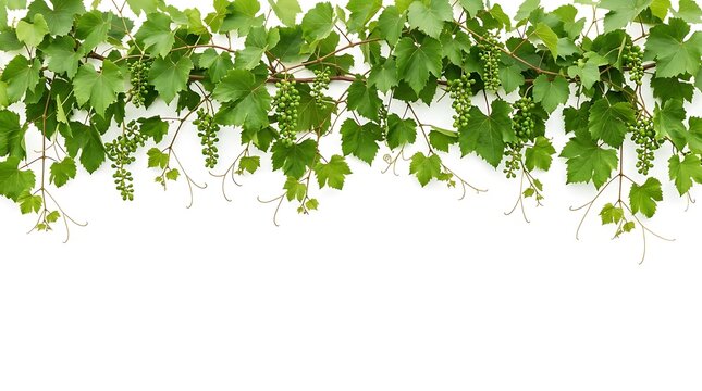 Young green grape clusters on a vine with leaves against a bright white background during early growth