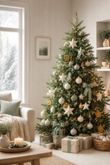 Obraz premium Cozy Christmas living room with decorated tree and gifts