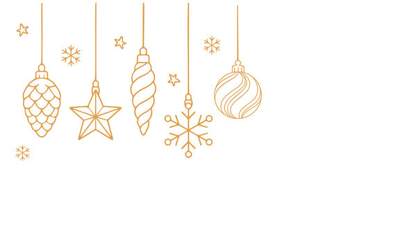 Elegant Christmas hanging ornament collection featuring pine cone, geometric star, spiral bauble, snowflake and swirling round decoration in delicate golden orange line art for winter greeting cards. 