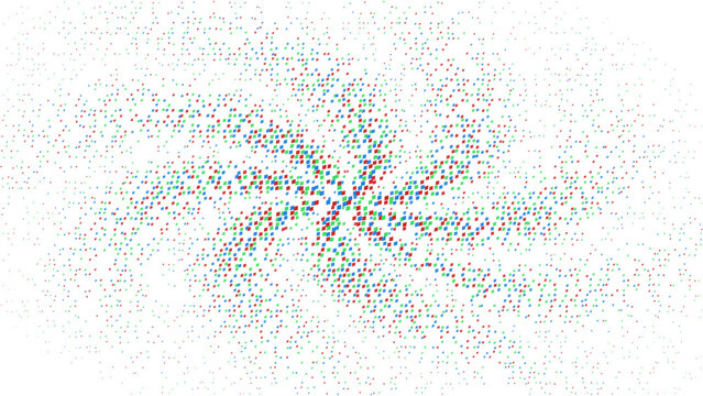 Abstract digital featuring a spiral vortex of glowing red, green, and blue particles swirling against a solid deep black background texture isolated on a transparent background