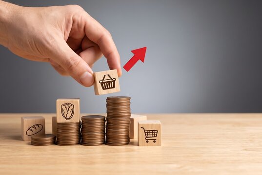 Hand placing a wooden block with a shopping basket icon on a stack of coins with a red arrow
