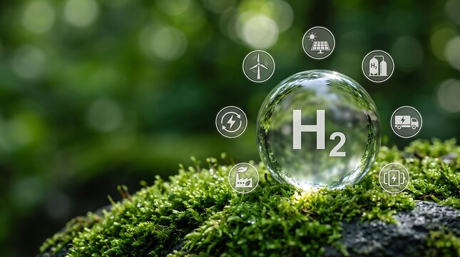 Crystal sphere with H2 hydrogen symbol resting on green moss in a forest with renewable energy icons