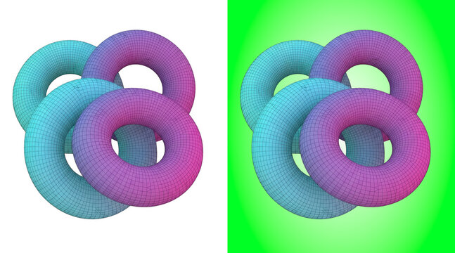 Interlocking torus geometric 3D render colorful abstract shapes
