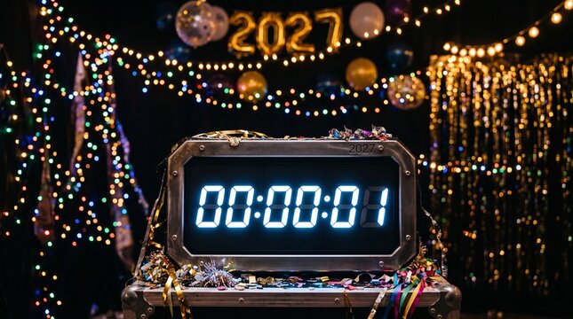 New Year Countdown: A digital clock shows one second remaining until the new year, set against a backdrop of festive decorations and lights, symbolizing hope and anticipation for the future.