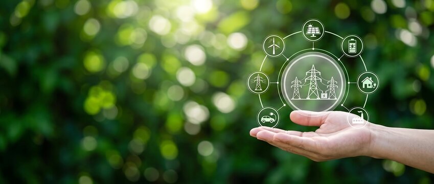 Person holding a digital interface showing green energy icons and power grid infrastructure symbols