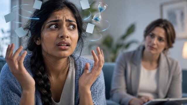 A worried woman raises her hands as papers and an hourglass swirl around her. Her long braid frames a startled expression. Anxiety and deadline pressure disrupt workplace time management.