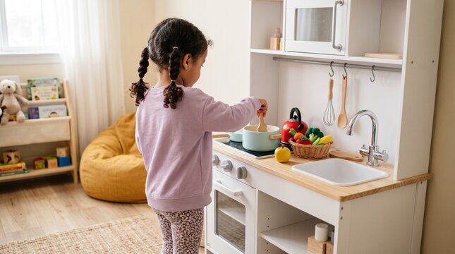 Little girl playing with toy kitchen in cozy playroom