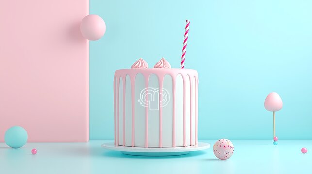 Simple white drip cake with pink candle and balloon.