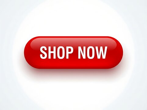 Glossy red rounded button with white shop now text for ecommerce website interface design