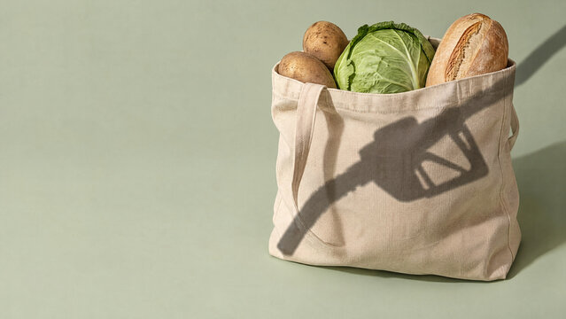 Grocery bag with shadow of gas pump nozzle symbolizing rising food prices and fuel costs