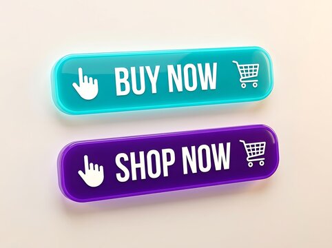 Two glossy rounded rectangular buttons with buy now and shop now text labels and shopping cart icons