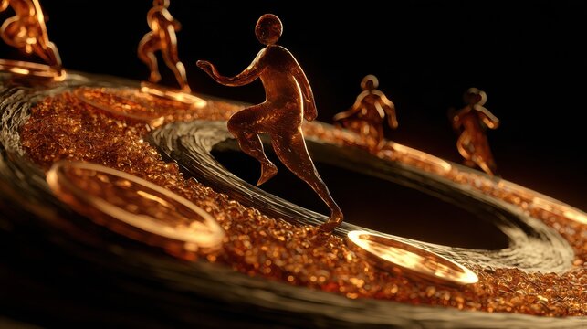 Figures run on a treadmill of wanting, highlighting constant satisfaction despite growing amber resources in dark background.