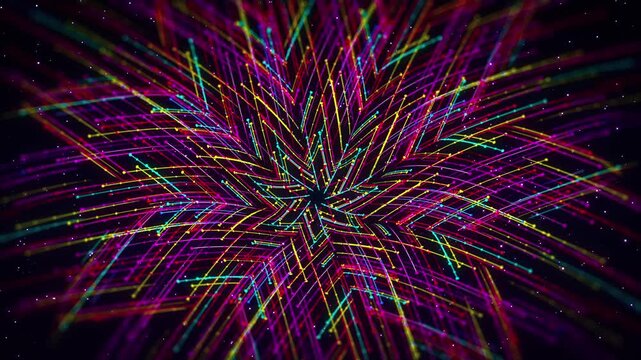 Abstract motion video of 3D curved particle lines forming a colorful glowing flower bloom with perspective movement and a 10-20 second seamless loop.
