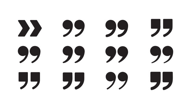 Collection of double quotation mark symbols with various bold and geometric styles for editorial text design.