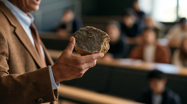Close-up of a geology professor's weathered hands holding a cross-sectioned rock core sample up toward attentive students seated in a sloped lecture hall during an earth sciences
