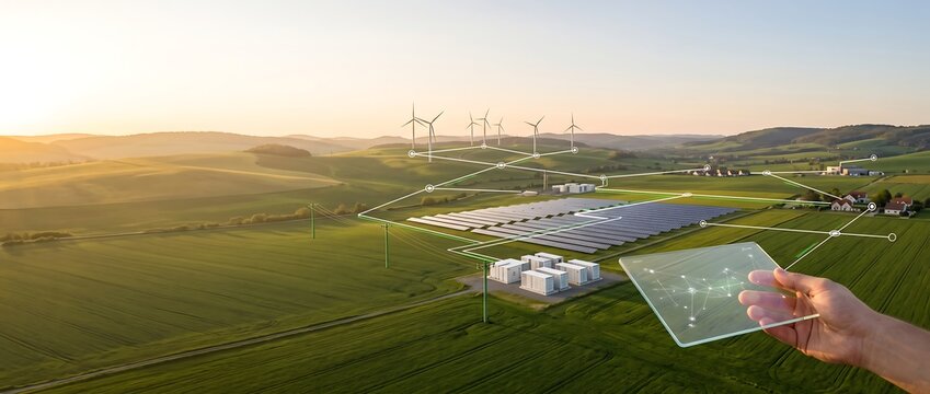 Engineer holding a digital tablet displaying a smart grid network over a solar and wind farm landscape